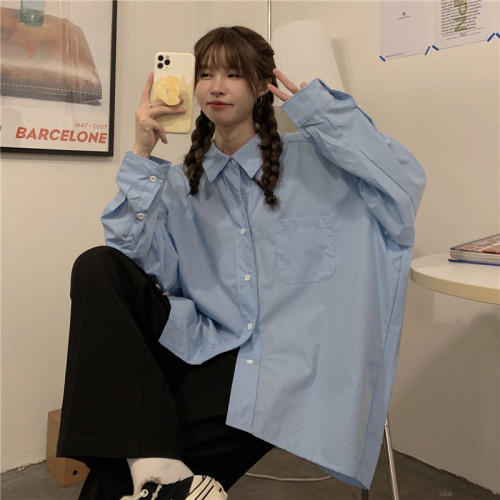 Real price video 20% cotton 80% polyester blue shirt loose lazy style long sleeve Korean fashion