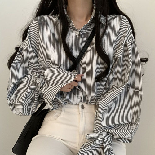Korean chic simple minority Lantern Sleeve Striped Shirt Top