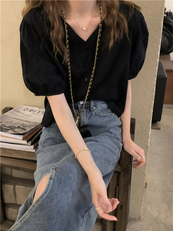 Real price! Korean style French girl jacquard shirt women's loose V-neck bubble sleeve top