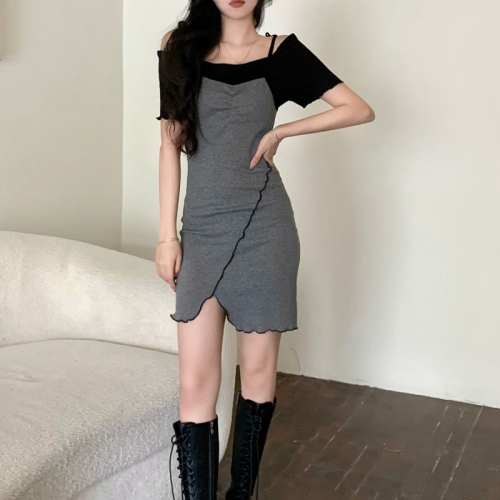 Fake two summer wear, Korean version, sweet spicy girl shoulder skirt, salt and sweet design dress.