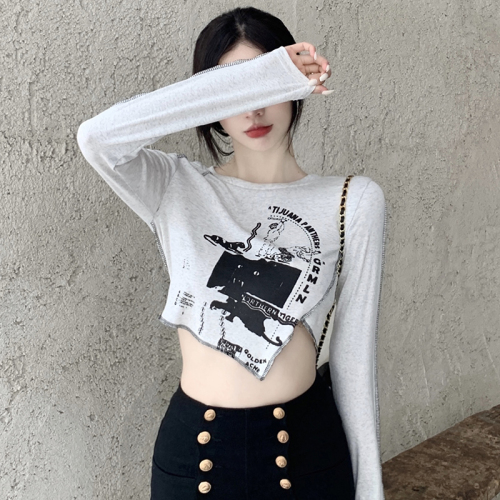 Real shooting ~ fashion printing irregular short slim Long Sleeve T-Shirt Top Women's fashion autumn
