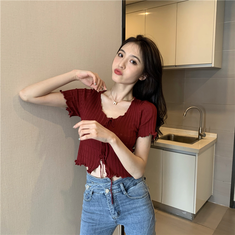 Real price 2021 new slim fit auricular edge T-shirt V-neck lace up collarbone short sleeve T-shirt