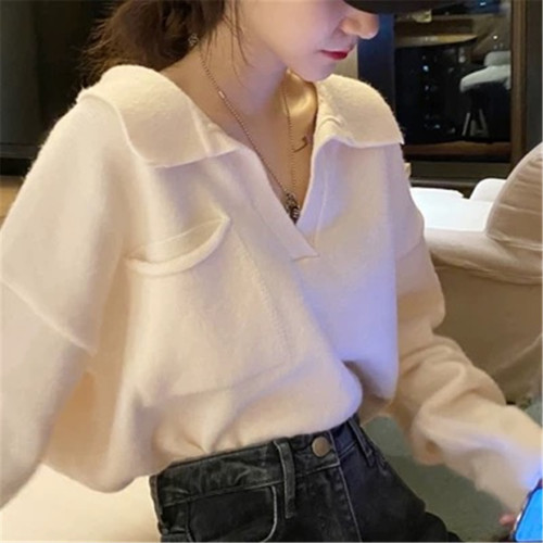 Polo neck sweater women's loose retro lazy short Pullover V-Neck Sweater