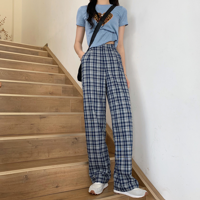 Real price 2021 new high waist slim Plaid casual pants women's Retro straight floor mops