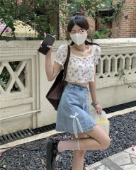 Real price women's Tuanfeng high street women's emperor hot girl high waist loose and versatile bowknot pleated denim skirt