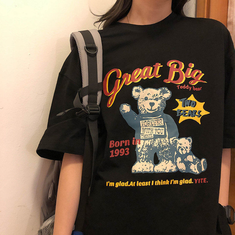 Summer new casual lazy style loose round neck printed T-shirt for women