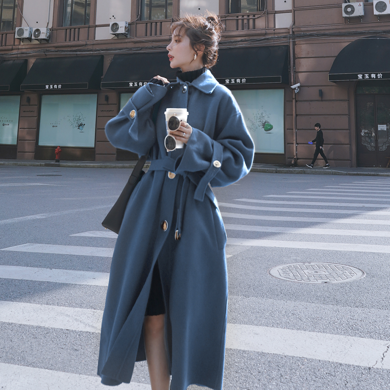 Woolen coat women's middle and long style 2021 autumn and winter new Korean loose thickened over knee popular waist closing thin coat