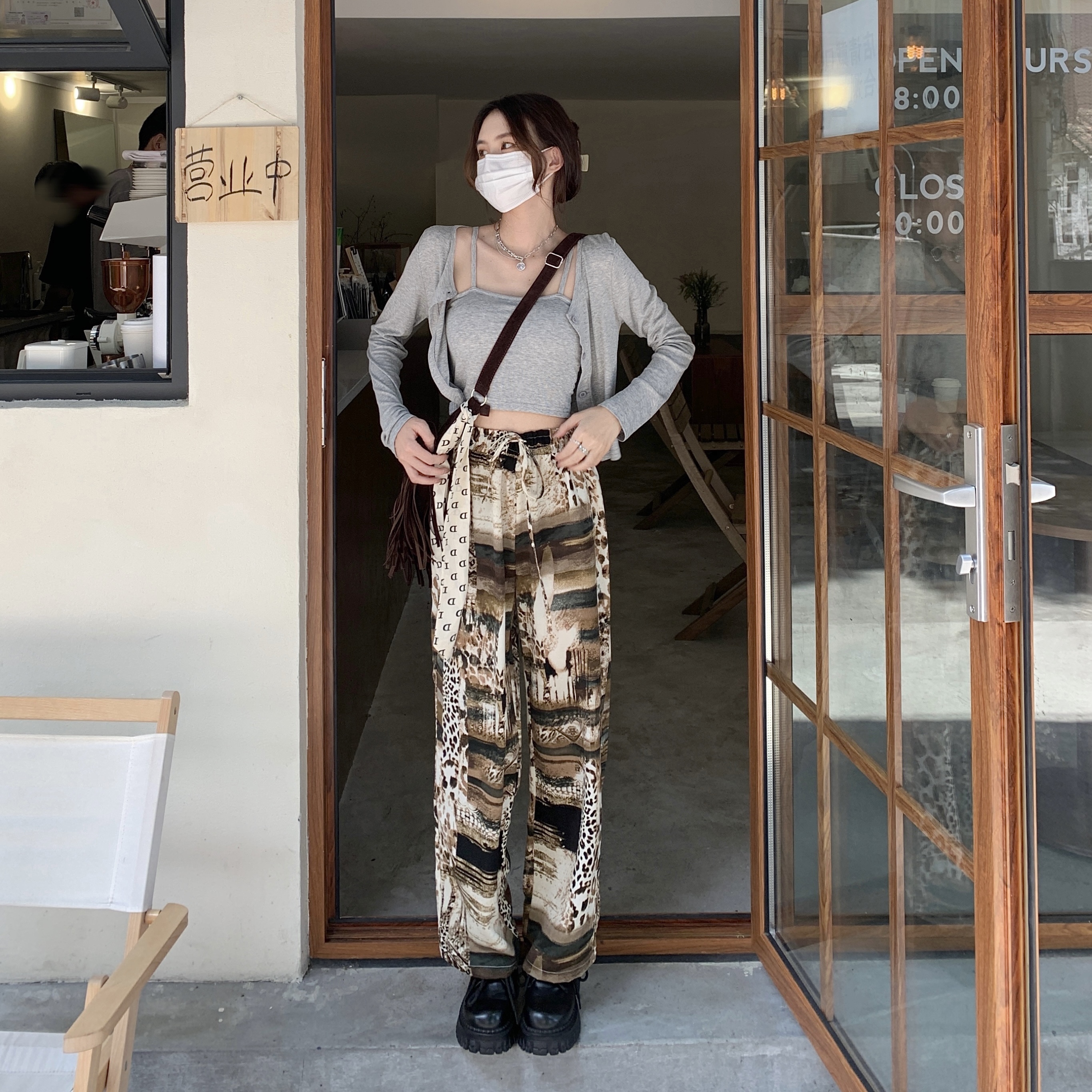 Real shot real thin suspender long sleeve two-piece set sweet and spicy straight pants Elastic Waist Pants Set
