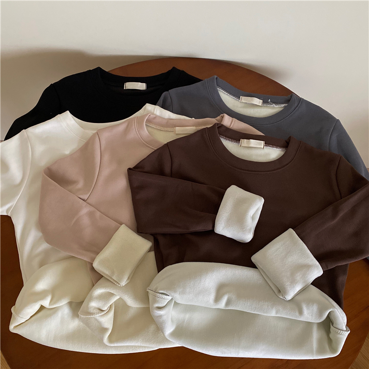 Real price real shot Plush thickened versatile round neck T-shirt simple to wear on the outside and solid color bottom coat on the inside