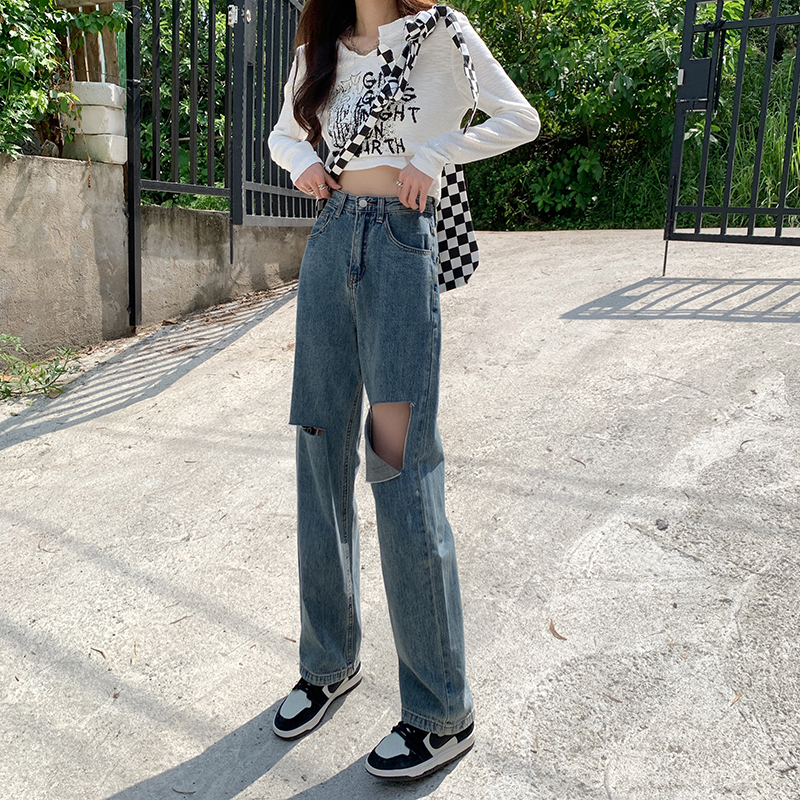 Real price in the autumn of 2021 new washed hole jeans retro straight tube High Waist Wide Leg Pants