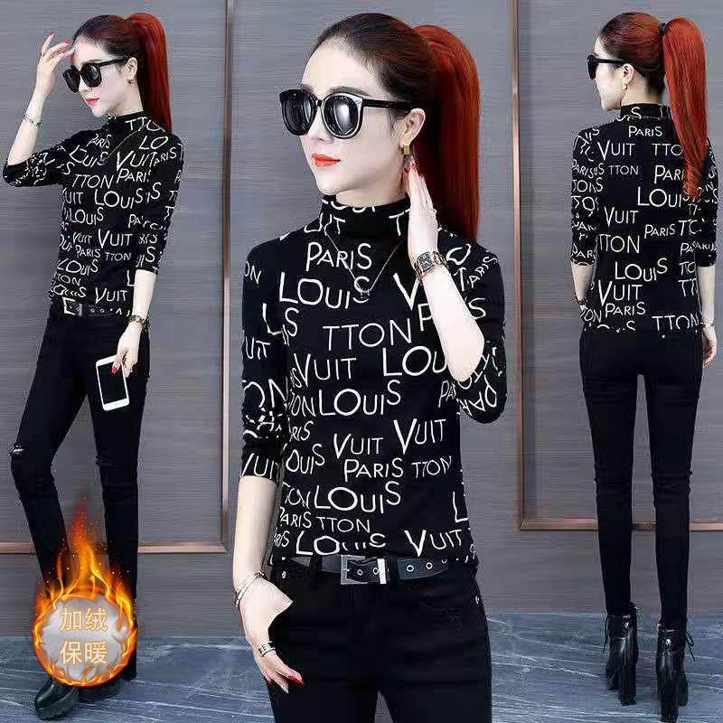 New Korean slim fit T-shirt with plush half high collar bottoming shirt, versatile long sleeve T-shirt for women in autumn and winter