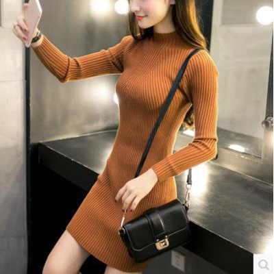 Autumn and winter new semi high neck sweater Pullover thickened medium and long Korean slim fit dress buttock wrapped knitted bottomed shirt