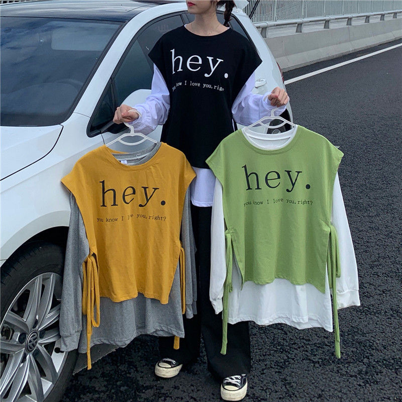 One piece / two piece set new Korean version net red letter printing loose waistcoat long sleeve T-shirt women's base coat