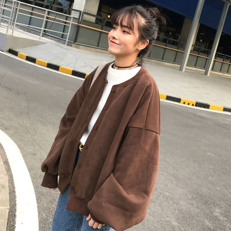 Official website picture new Korean version of sweater sleeve thickened loose short coat girl student plain cardigan jacket