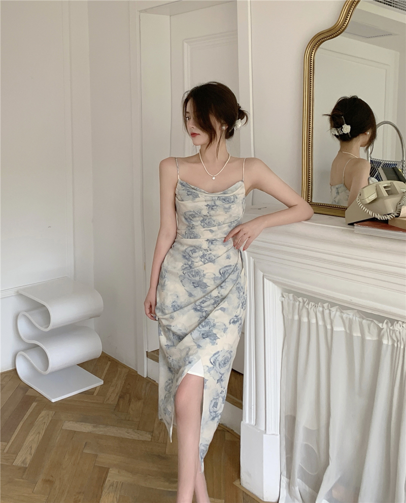 Real shot high-end fashion Sexy Chiffon Dress with split print and suspender