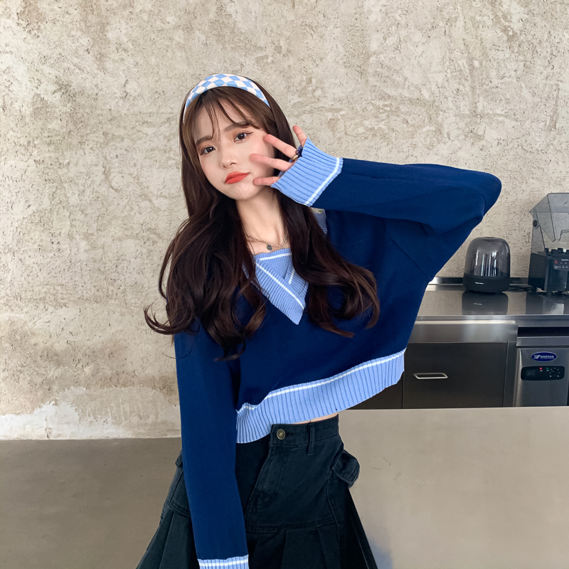 Real price real shooting contrast color short sweater women's loose 2021 New Vintage sweater top