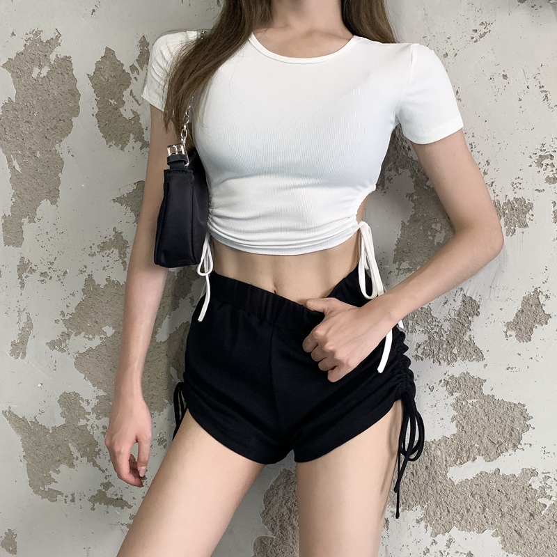 Real Hong Kong Spice Girl fan Xinji short open navel short sleeve T-shirt + high waist drawstring casual Sports Shorts Set