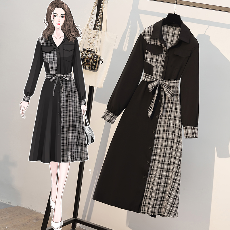 Actual shooting of 2021 autumn new fat mm fashion asymmetric knot waist closing age reducing Lapel dress