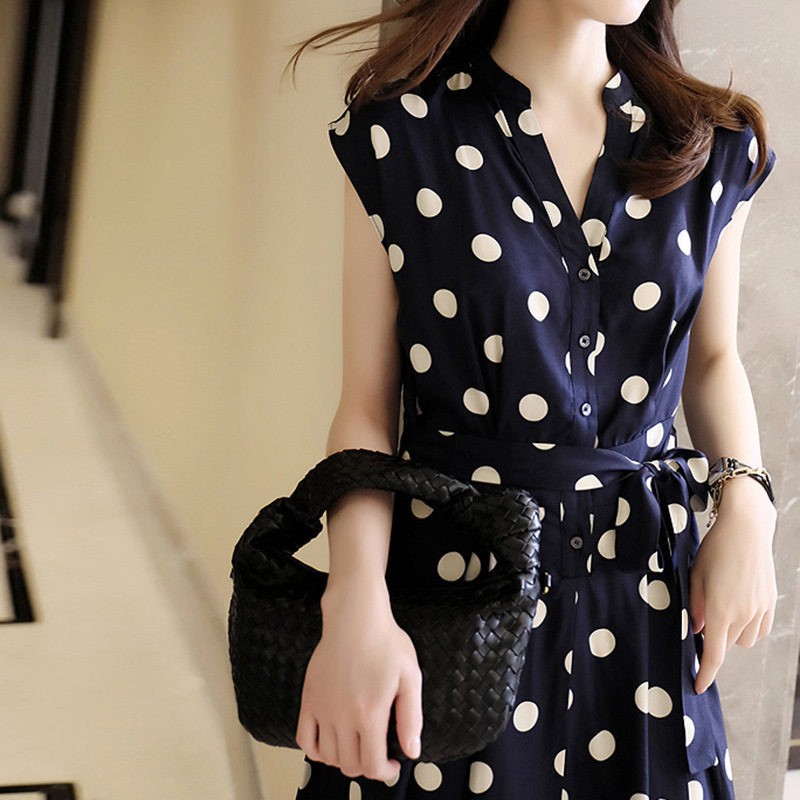 Oversized women's fat polka dot dress with breasted waistcoat skirt temperament mid length skirt Zixia