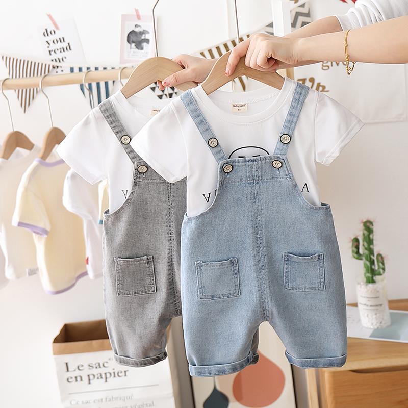 Boys' summer Pants Set 2020 new girls' foreign style short sleeve suspenders two pieces of boys' denim shorts