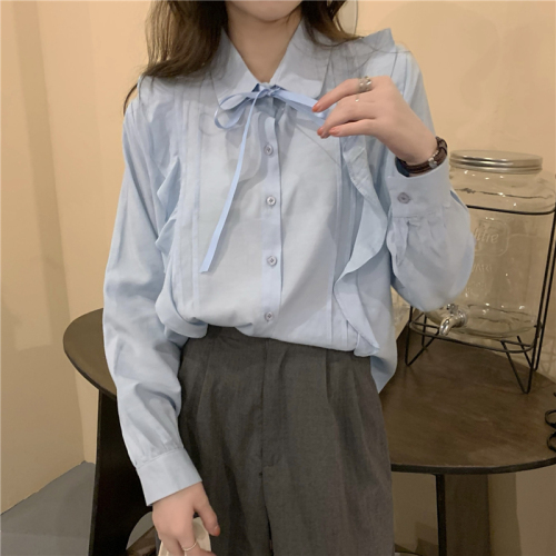 Real price! Korean solid color lace up versatile shirt French Vintage Ruffle design shirt