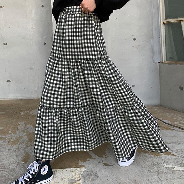 2021 autumn and winter Korean fashion leather band skirt placket cake skirt Plaid long skirt