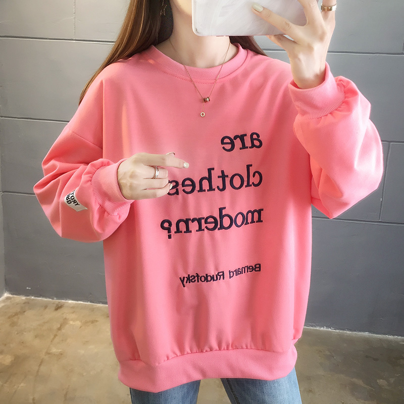 Real shooting large size cotton sweater autumn new loose belly covering round neck letter embroidery long sleeve sweater trend