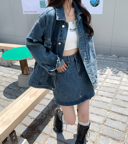 Real shooting and real price 2021 autumn new versatile loose denim Top + washed high waist A-shaped skirt two-piece set#