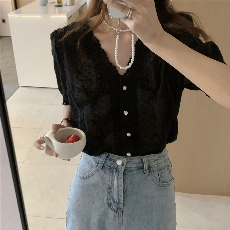 Real price! Loose stitching LACE SHORT SLEEVE solid top French V-neck shirt