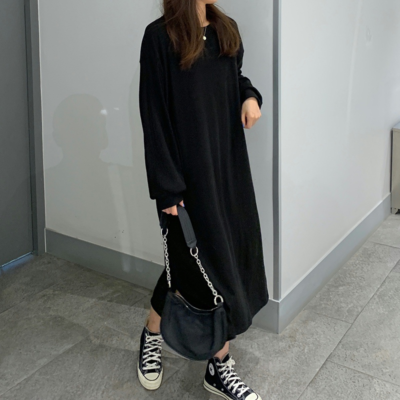 Real shot new loose over the knee long dress women's thickened corduroy pit spandex