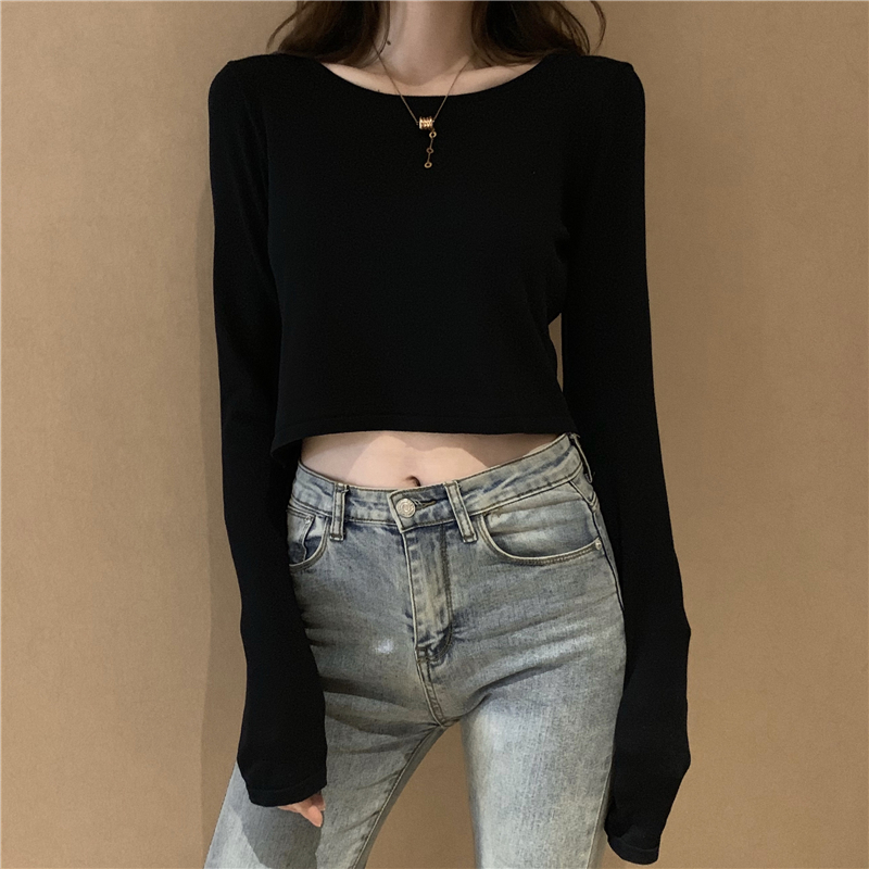 Short Knitted T-shirt with Long Sleeve and Round Neck in Early Autumn