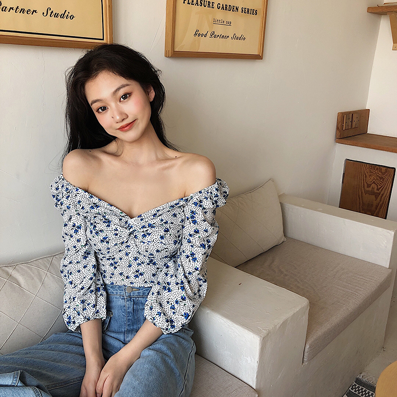 Real photo real price French retro floral short top women's thin goddess sexy shirt