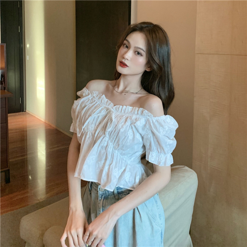 Real price French care machine lace up ear side exposed clavicle top high waist skirt bubble sleeve shirt