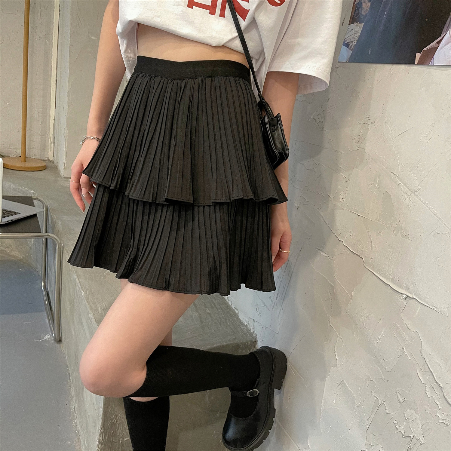 Real price real shot black pleated skirt skirt women's summer white high waist spring light proof JK skirt women