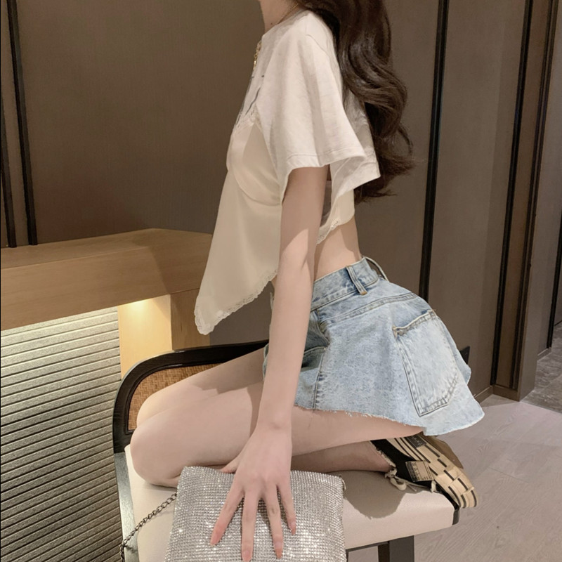 Real price wide leg ultra short puffy thin loose shorts + sexy fake two short sleeve open waist short top