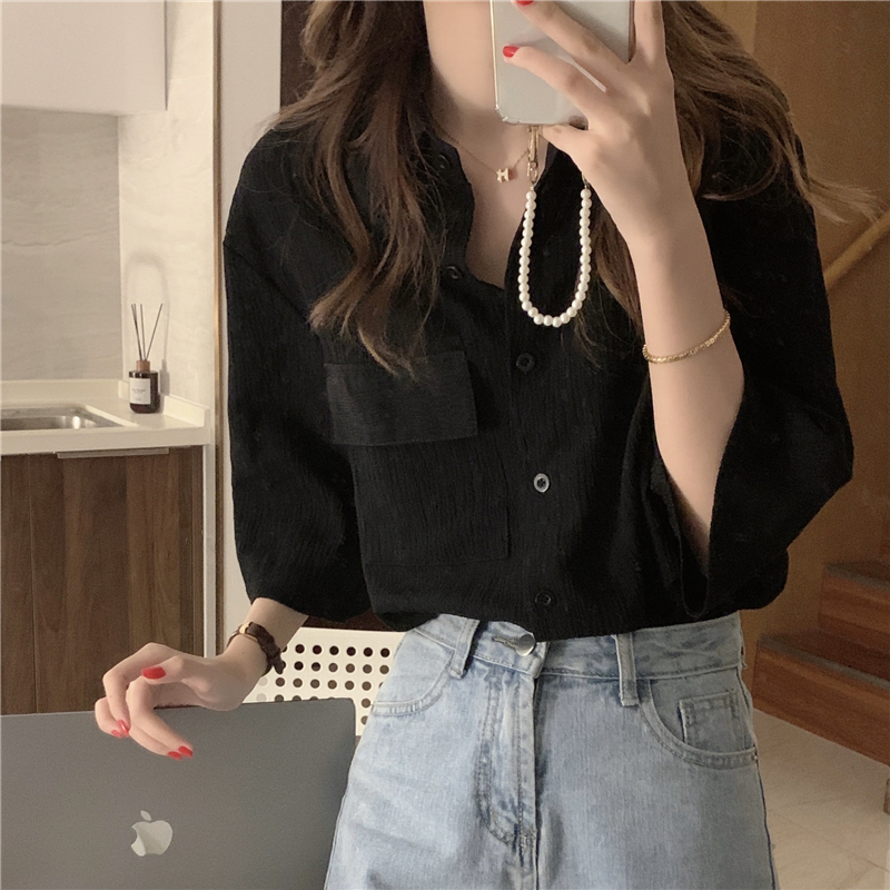Real price! Korean retro 7 / 4 Sleeve Shirt women's 2021 design lazy loose top