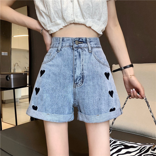 Real shooting summer Korean love embroidery high waist versatile denim shorts student hot pants