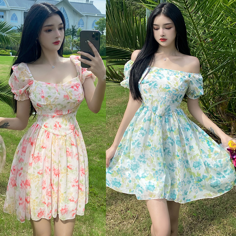 Real French temperament romantic floral bubble sleeve waist dress small gentle wind skirt