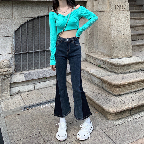 Real price autumn nine point color matching jeans women's flared pants high waist elastic thin slightly flared pants