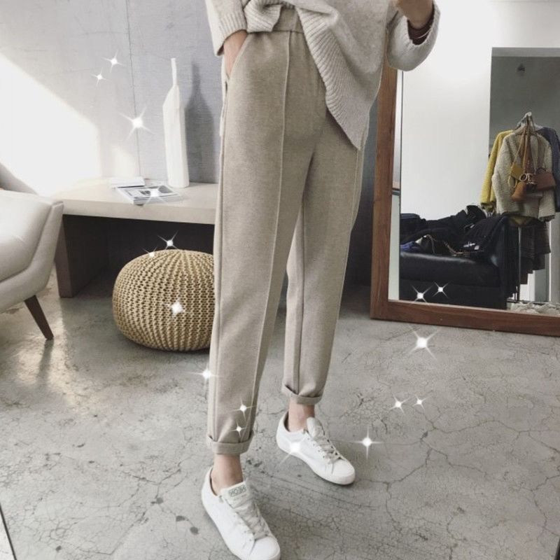 Autumn and winter thickened woolen Harun pants women's small foot radish pants nine point loose and slim casual straight tube suit pants