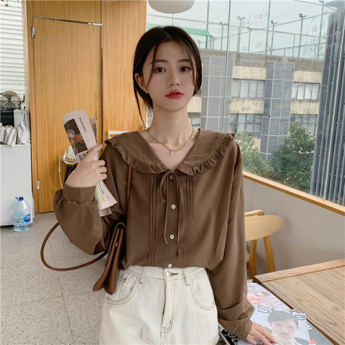 Real price 2021 early autumn new Korean loose doll collar lace up long sleeve shirt women