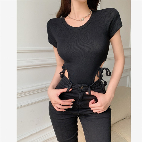 Real price ~ ins sexy high waist strap open waist one-piece elastic round neck versatile slim short sleeve top