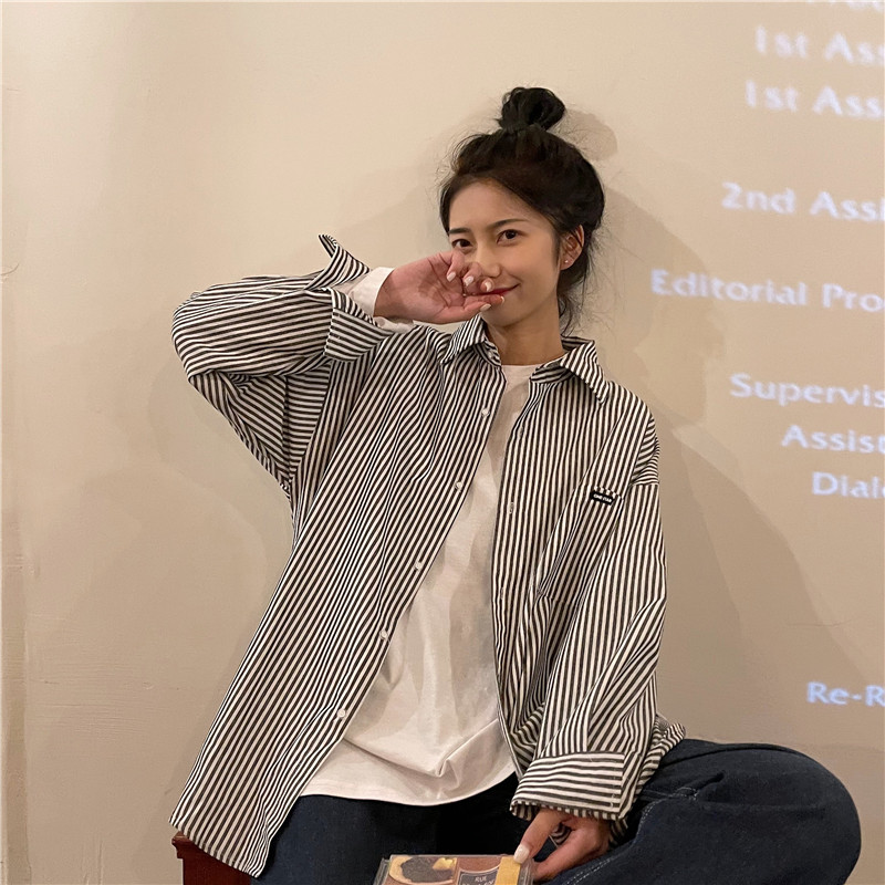 Real video striped shirt loose long sleeve shirt Korean fashion coat leisure port style ins top