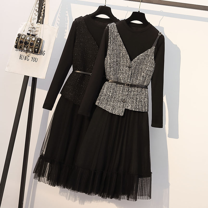Real shot 2021 autumn new fat mm fashion long sleeve mesh skirt vest two-piece set shows thin and elegant