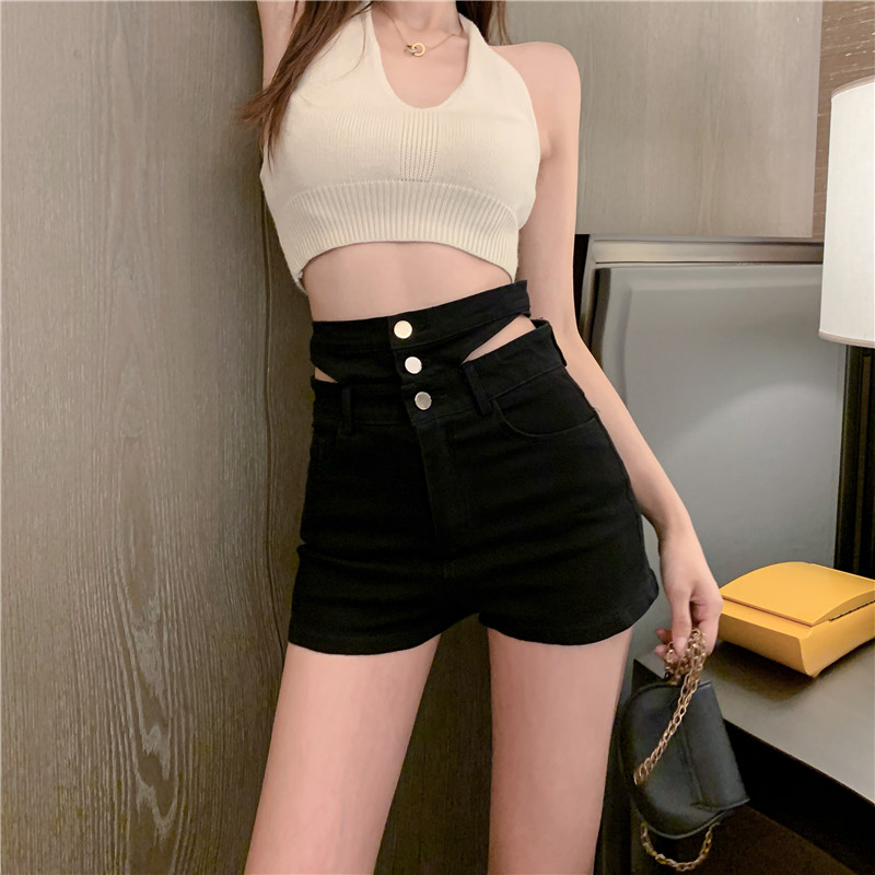 Real shot real price elastic design feeling new 2021 multi breasted hollow out thin denim shorts women