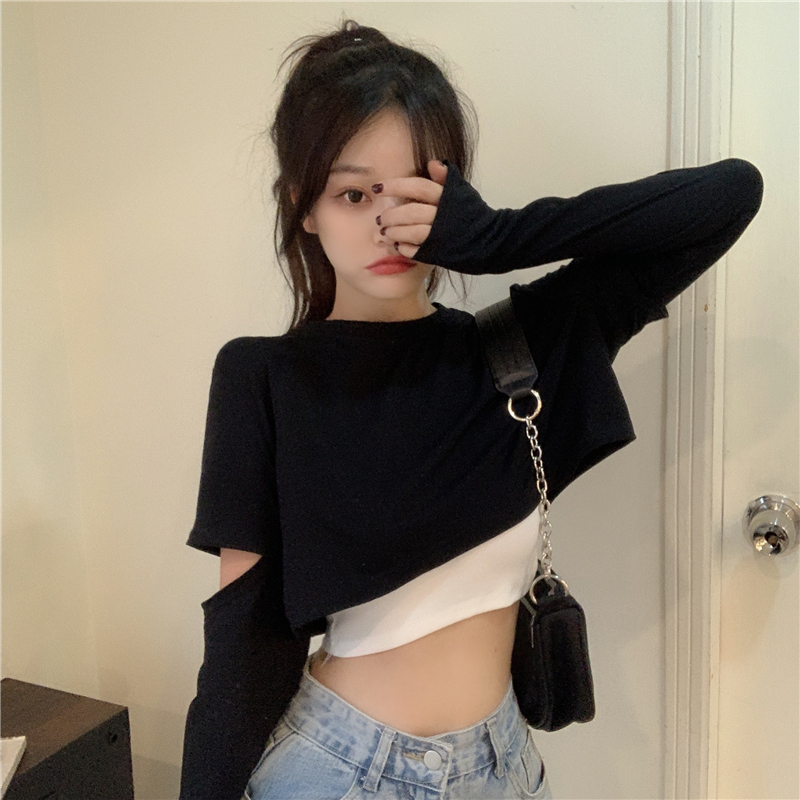 Autumn design hollow out long sleeve T-shirt women's suspender contrast loose two-piece set