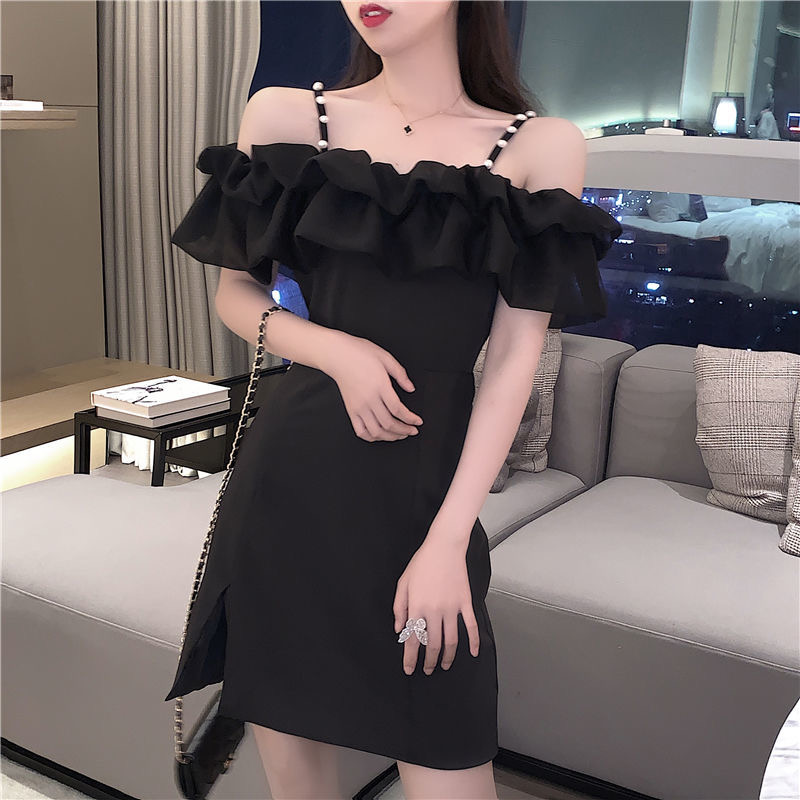 Summer new Pearl suspender one line shoulder lotus leaf skirt short sleeve short skirt split buttock dress women's fashion