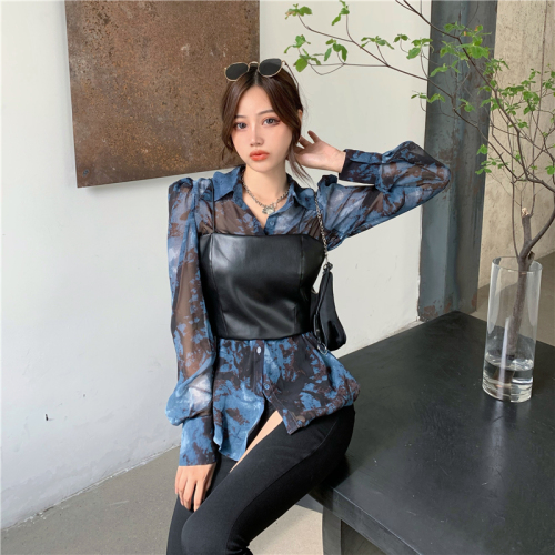 Two piece set of Korean tie dye gradient ink painting chiffon shirt + Leather suspender Vest Set