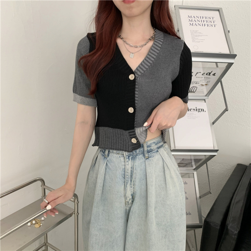 Real price summer new slim stitching color contrast cardigan V-neck top