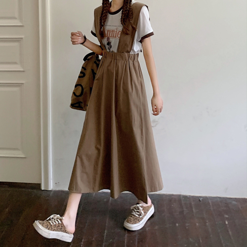 Real shot real price summer new Korean loose show thin tooling high waist Pullover solid color swing strap skirt